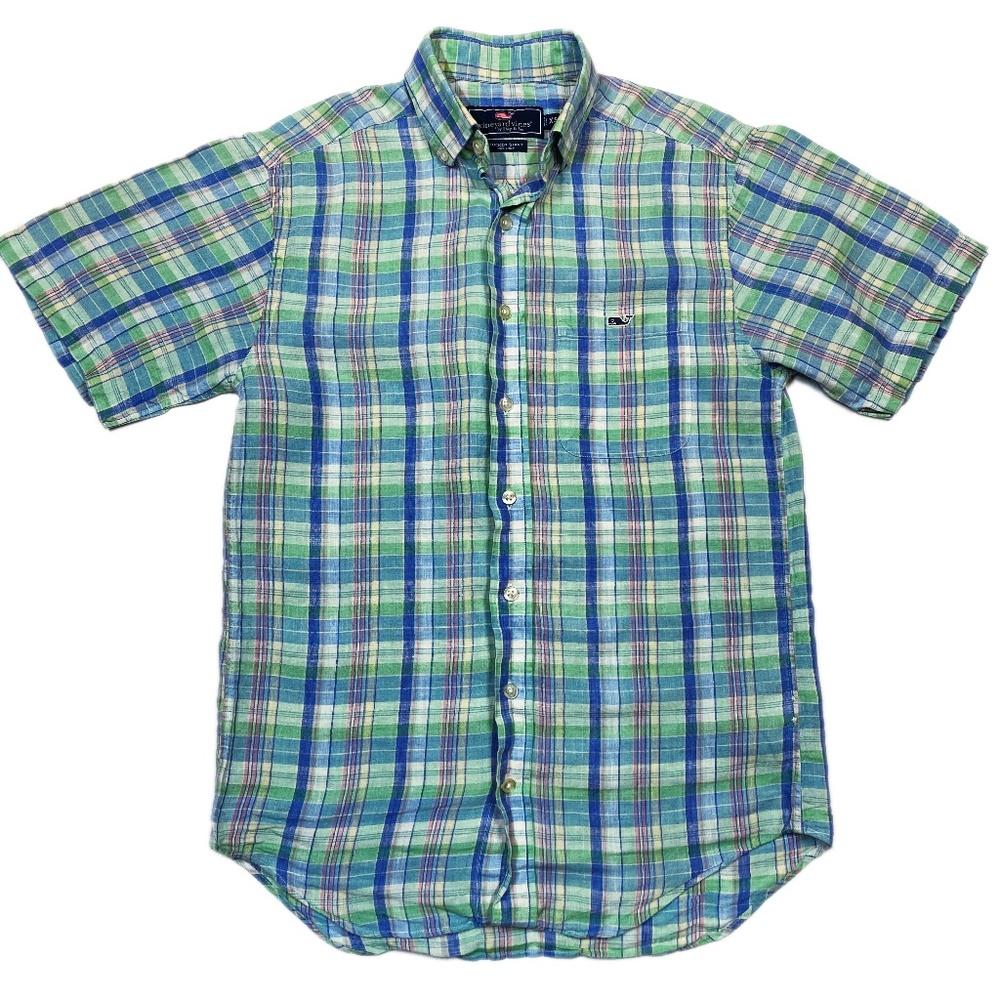 Vineyard * Vines Classic Fit Tucker Green/Blue Plaid Short Sleeve Shirt - Sz XS